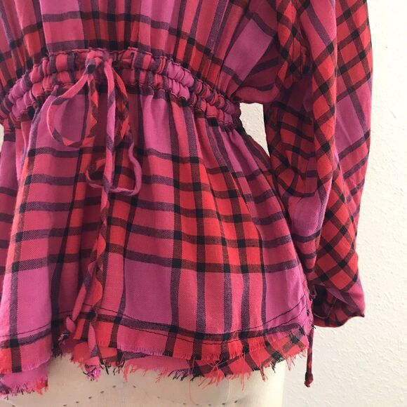 We The Free People Pink Plaid Frayed Cropped Long Sleeve Top Shirt - XS - Picture 6 of 9
